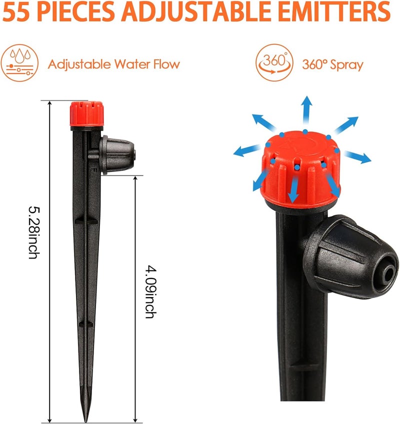 Gardrip 55 Pieces Drip Emitters Stream with Stake for 1/4" Irrigation Tubing: Adjustable 360 Degree Water Flow Irrigation Universal Sprayer Drip Pipe Sprinklers Fittings for Garden Watering System - Image 2